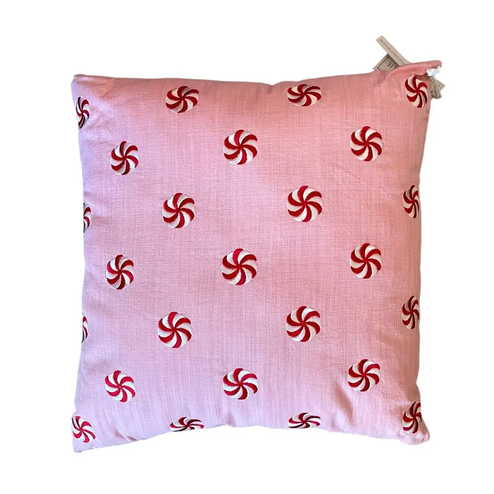Pinkmas Peppermint Swirl Pillow 20x20 Embroidered Christmas Holiday Decor NEW